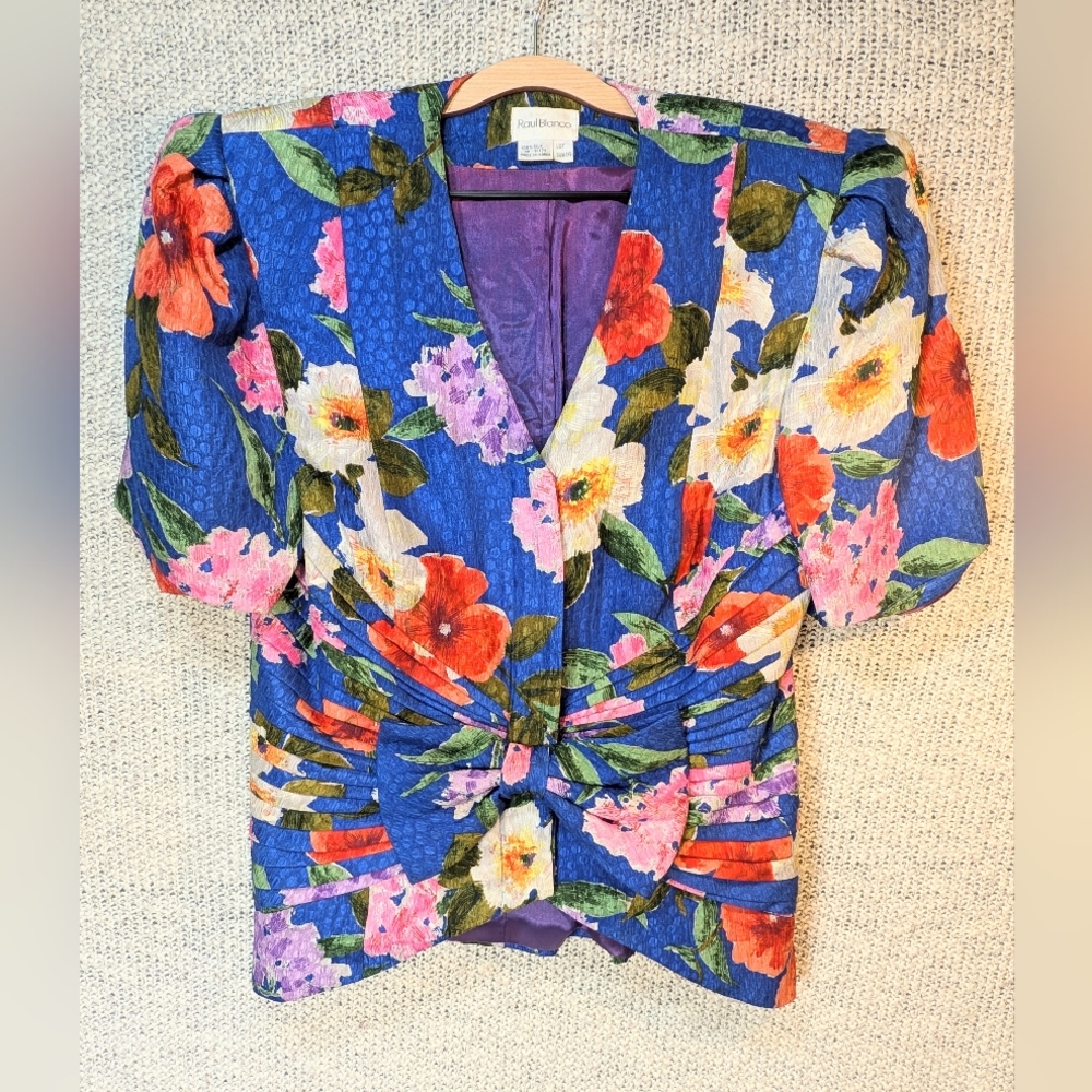 Vintage Raul Blanco Floral Blouse With Front Bow 100% Silk Size M? Shoulder Pads
